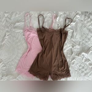 Lace Trim Camisole Sleep Romper Set - Pink and Brown